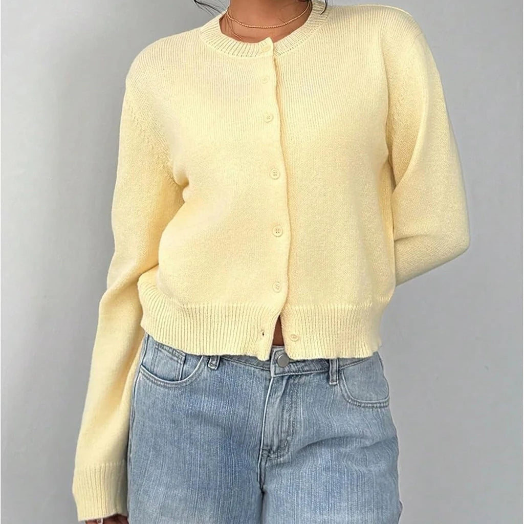 Pastel Yellow Women's Classic Cardigan Sweater with Button Closure and Ribbed Trims – Versatile Layering Piece for All Seasons 2