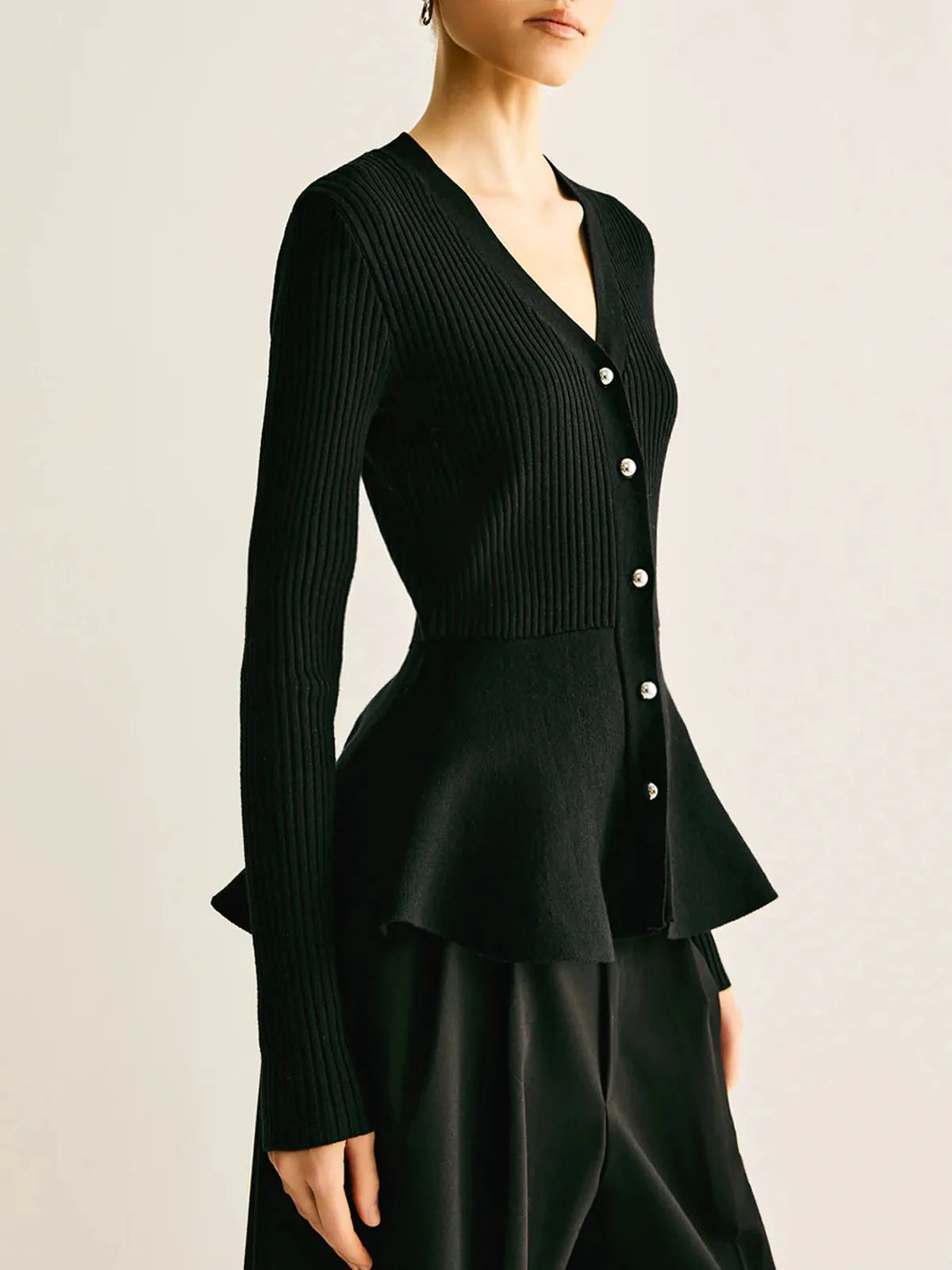 Ribbed Knit Peplum Top with Metallic Buttons for Women – Elegant Going Out Top, Flattering Silhouette, Comfortable Fit 1