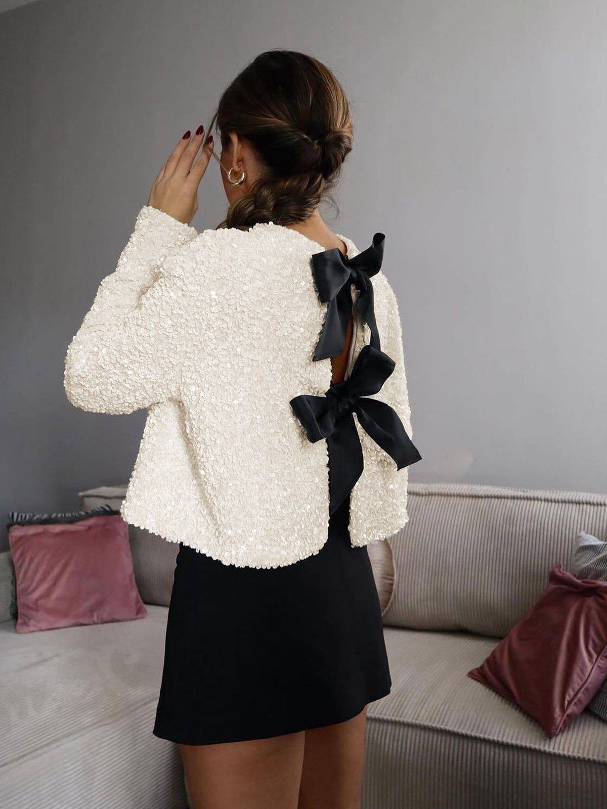 Womens Textured Cardigan with Velvet Bow Detail