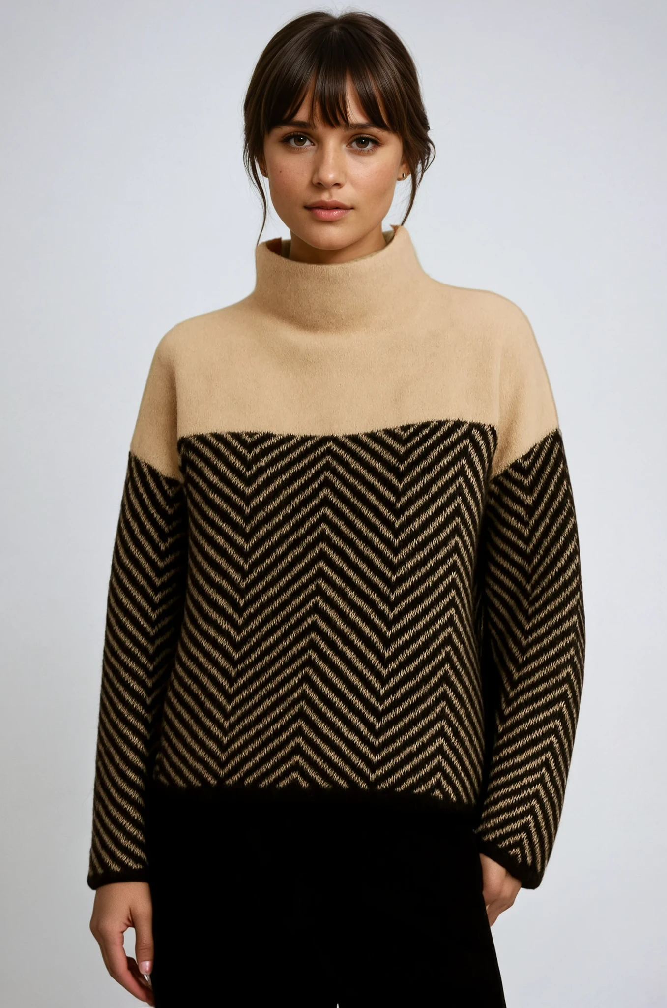 Two-Tone Chevron Turtleneck Sweater for Women – Soft Knit, Relaxed Fit, Funnel Neck, Cozy Winter Layering 0