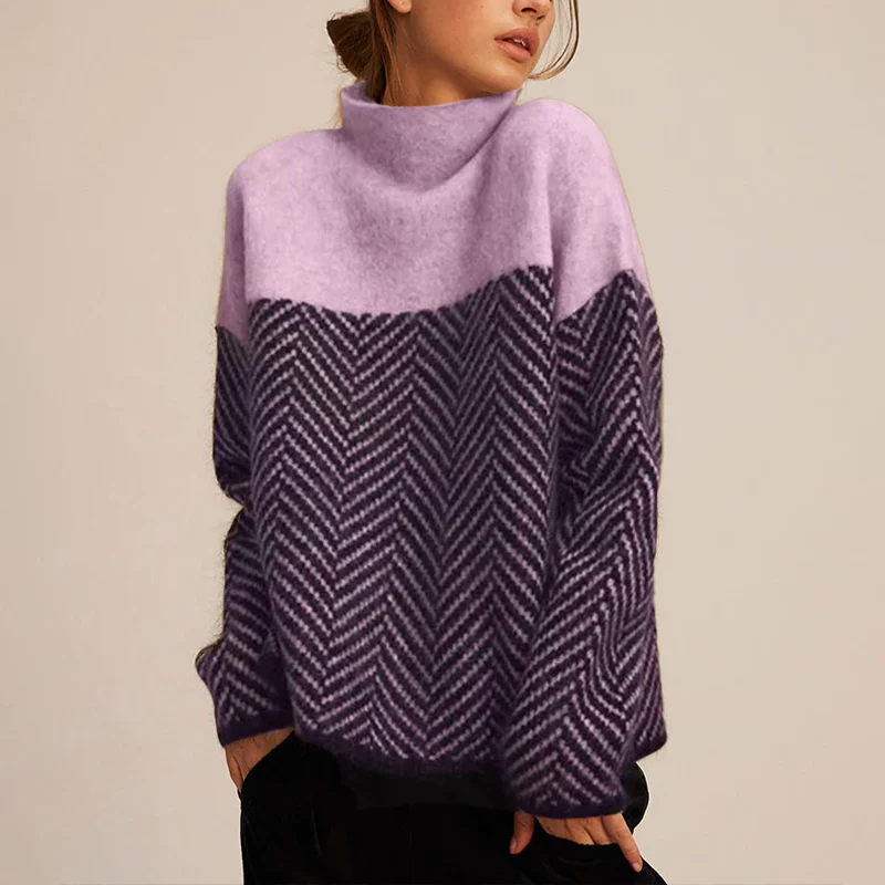Two-Tone Chevron Turtleneck Sweater for Women – Soft Knit, Relaxed Fit, Funnel Neck, Cozy Winter Layering 4