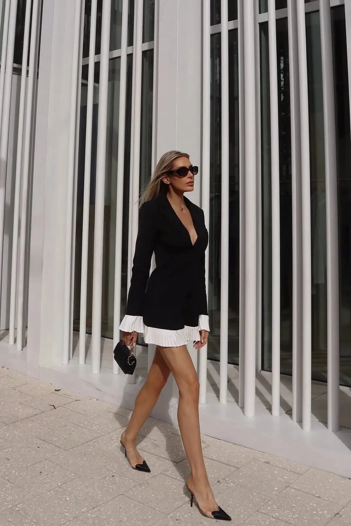 V-Neck Pleated Classy Mini Dress with Button Front Closure 1