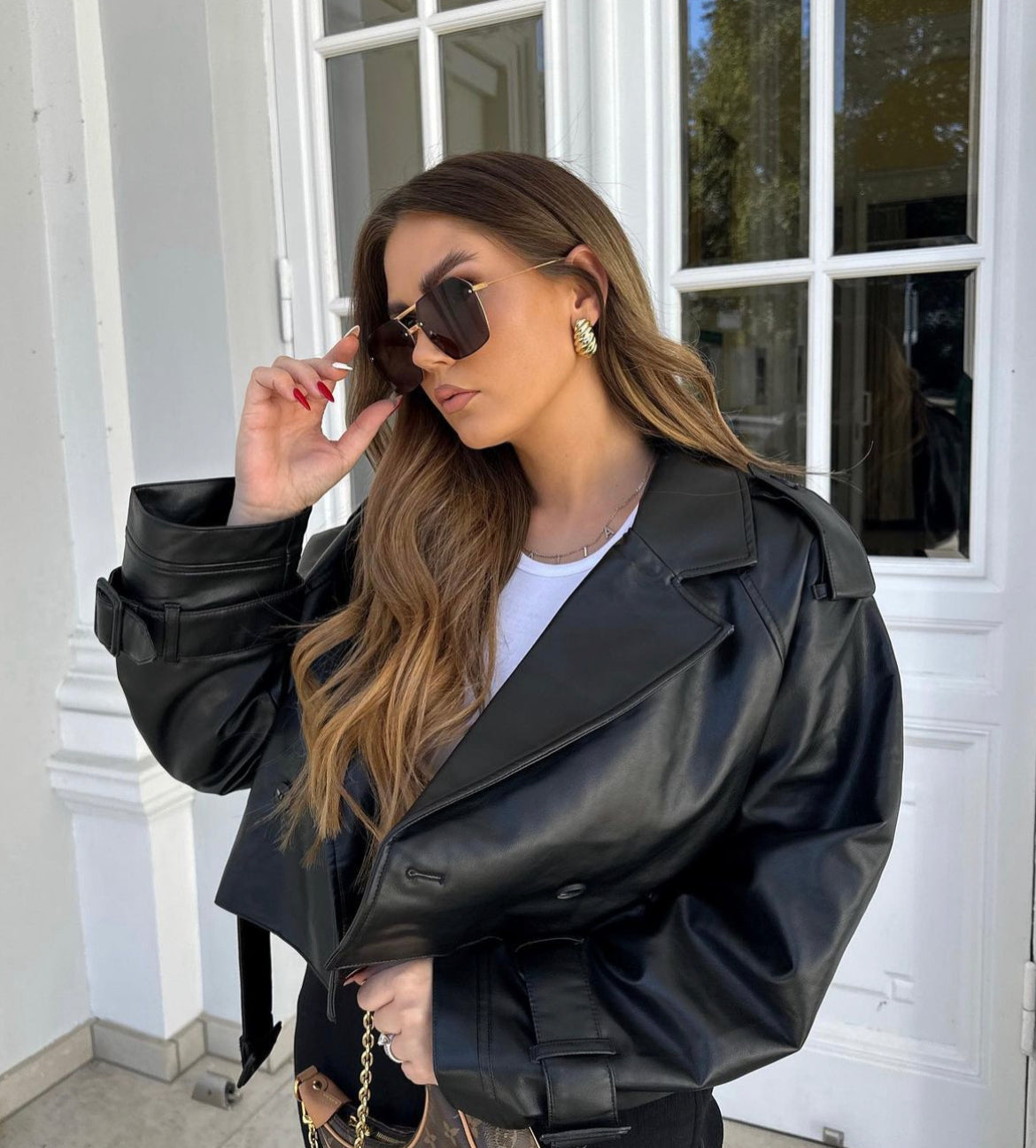 Women's Cropped Faux Leather Trench Jacket 1