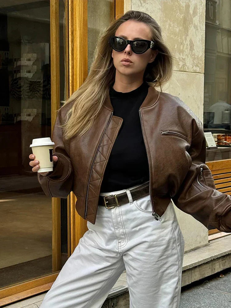 Women's Cropped Vintage Faux Leather Bomber 3