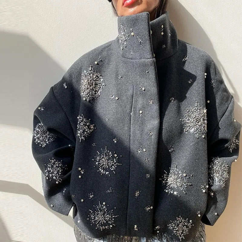 Women's Embroidery Beading Pea Coat 1