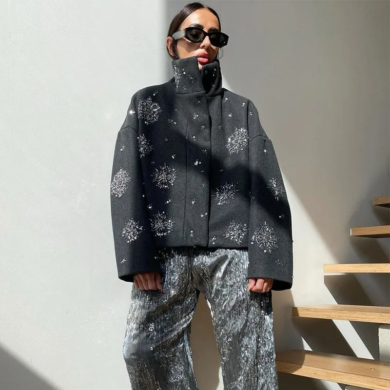 Women's Embroidery Beading Pea Coat 3