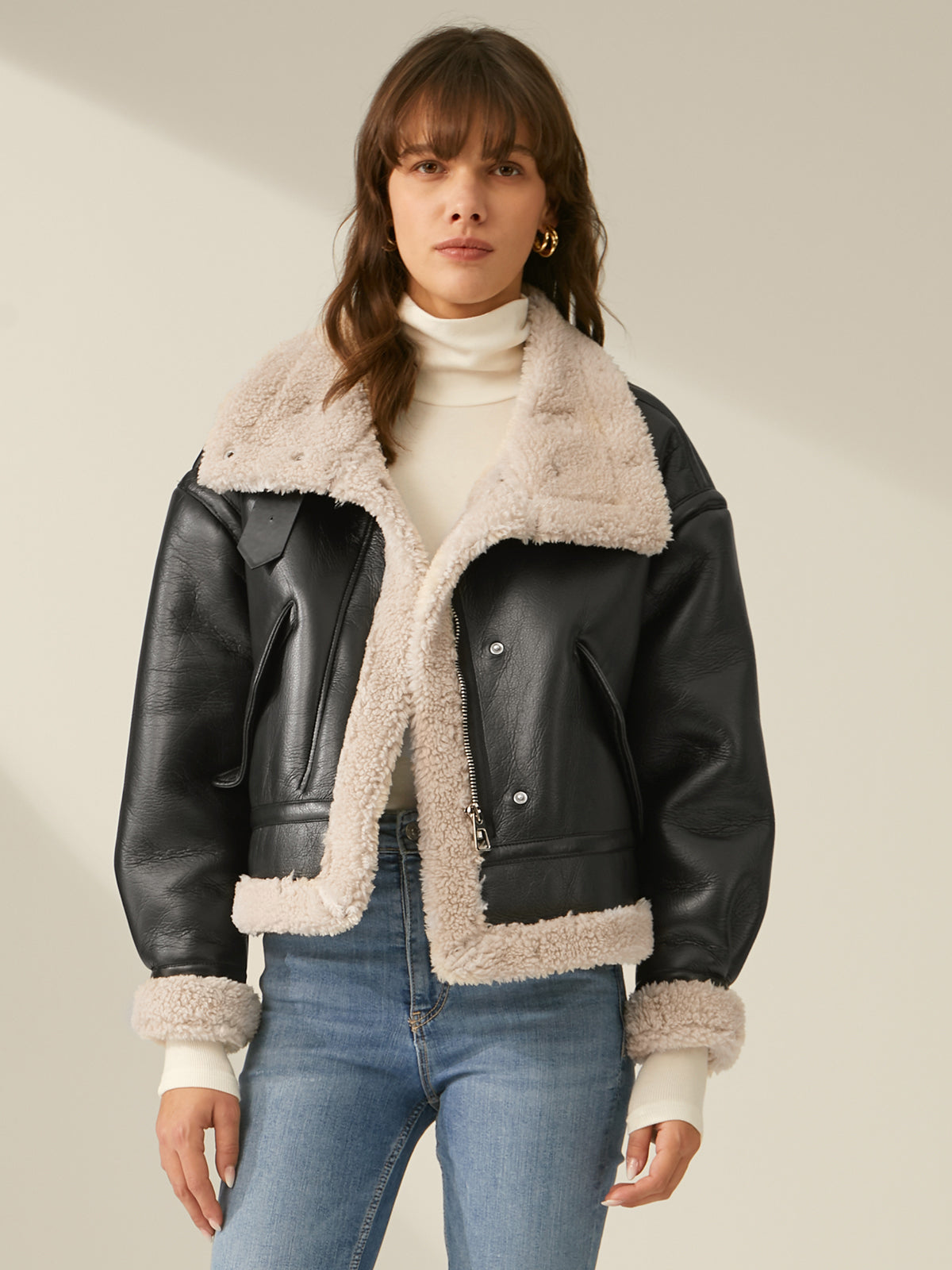 Women's Faux Leather Flight Jacket with Sherpa Lining 0