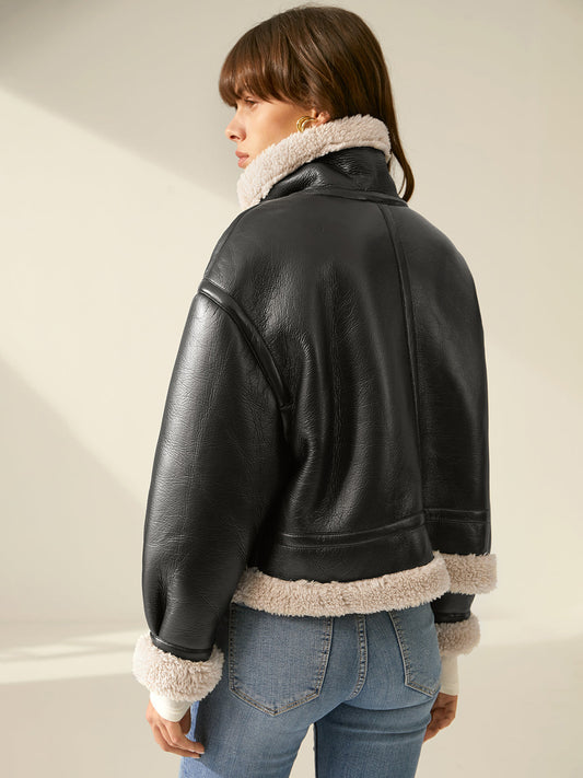 Women's Faux Leather Flight Jacket with Sherpa Lining 2