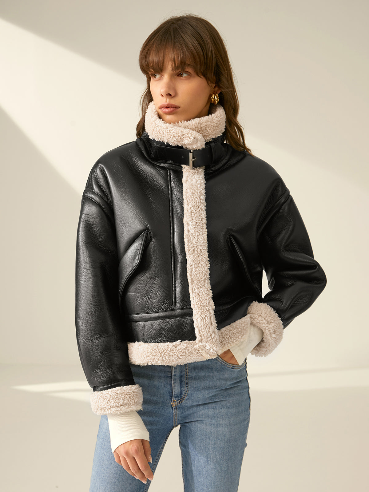 Women's Faux Leather Flight Jacket with Sherpa Lining 3