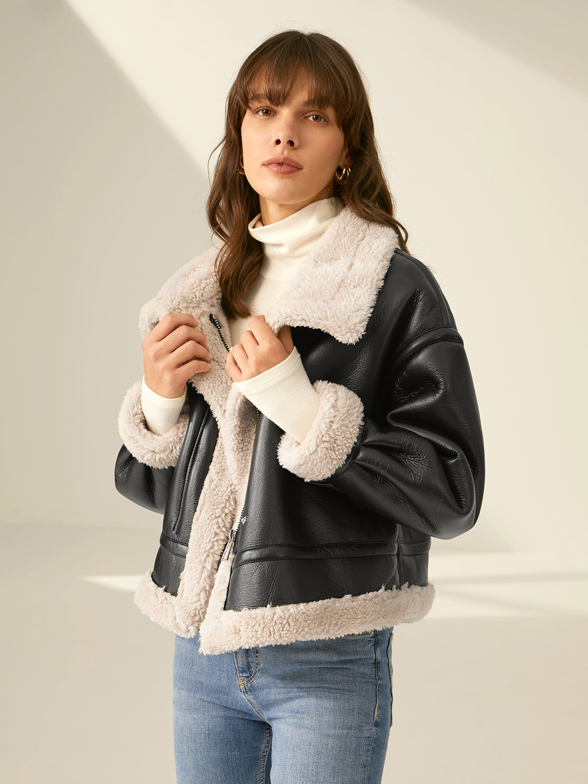 Women's Faux Leather Flight Jacket with Sherpa Lining 4