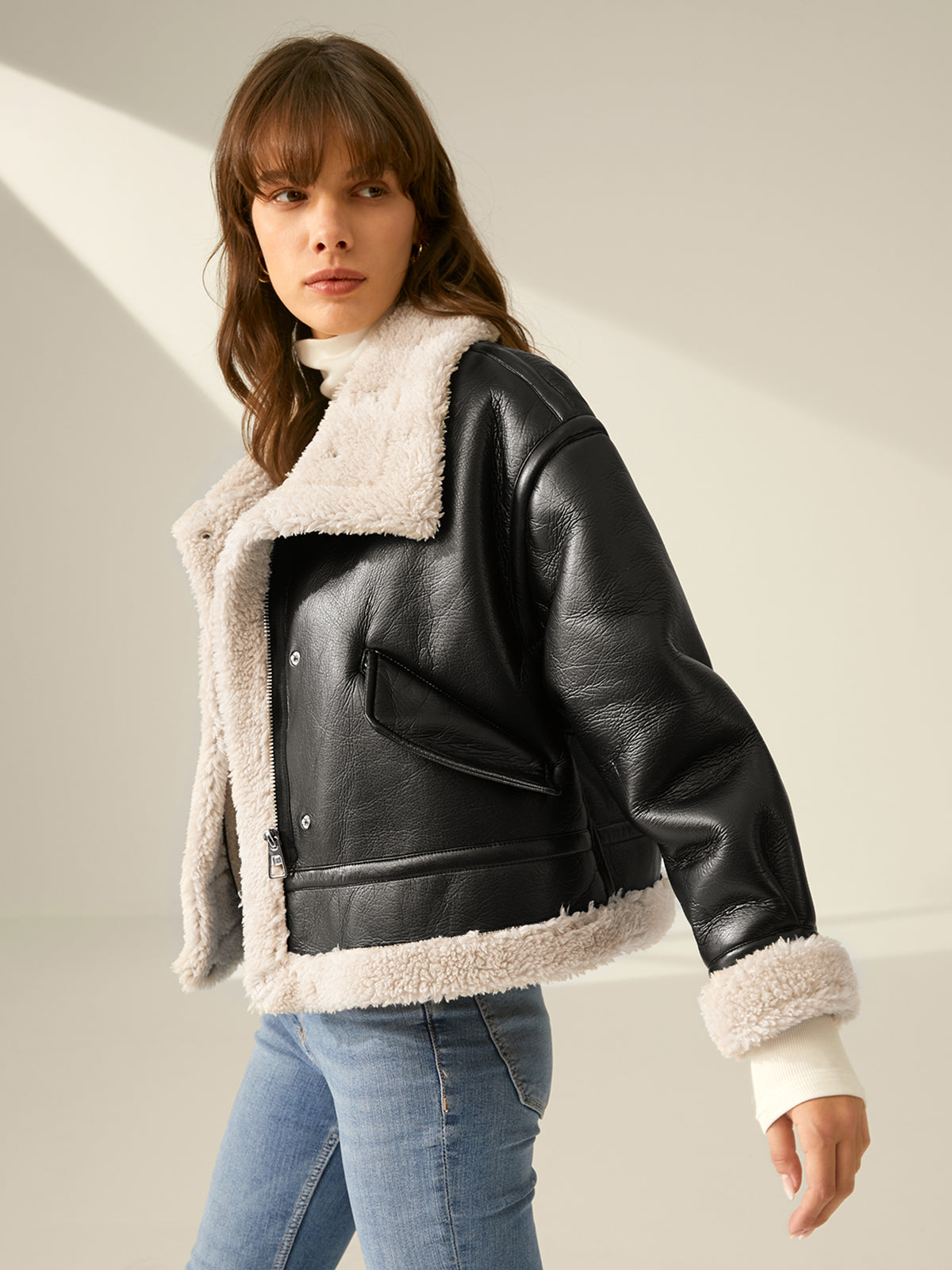 Women's Faux Leather Flight Jacket with Sherpa Lining 5