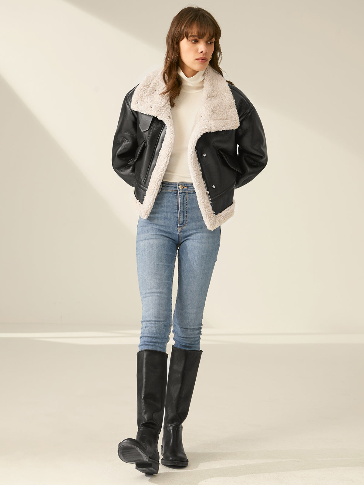 Women's Faux Leather Flight Jacket with Sherpa Lining 6