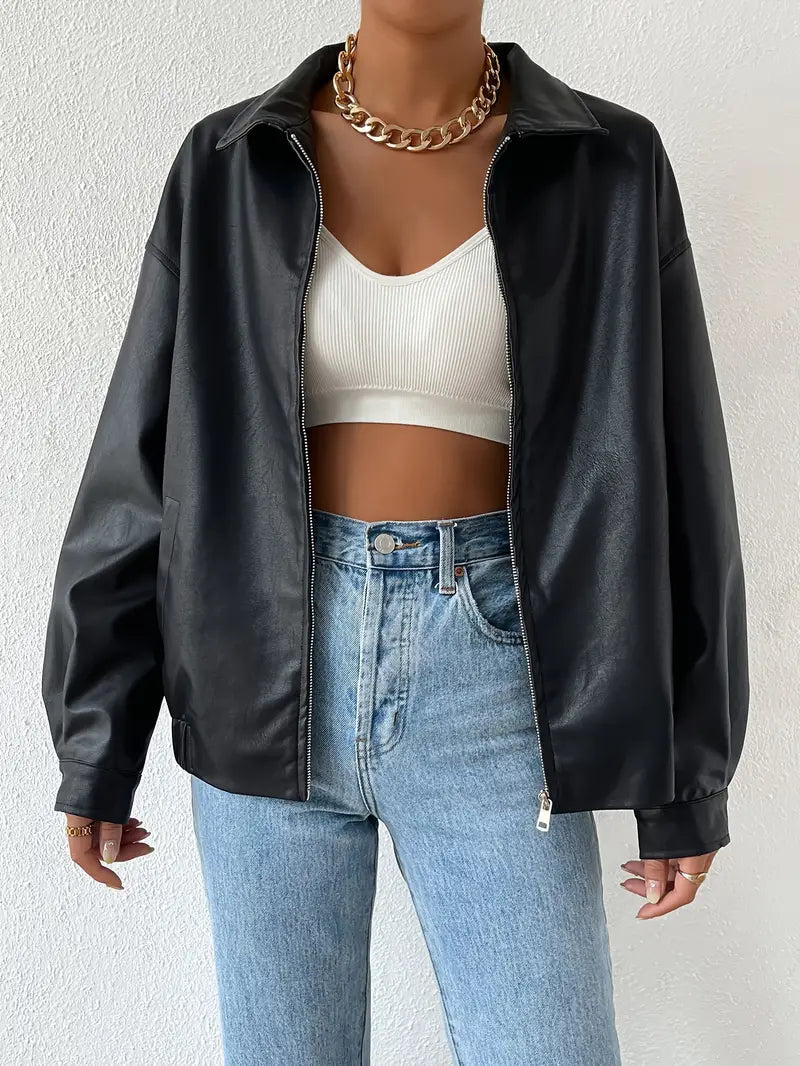 Women's Faux Leather Zip Jacket Black 0