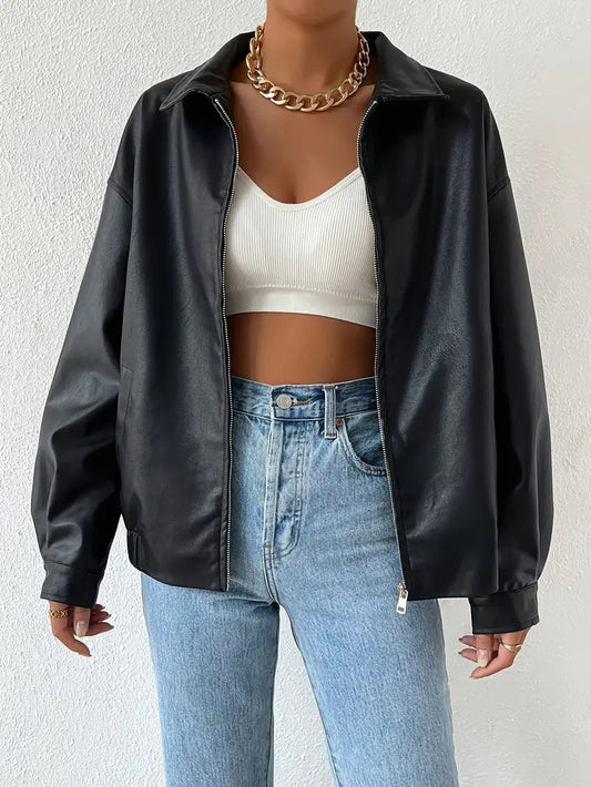 Women's Faux Leather Zip Jacket Black 0