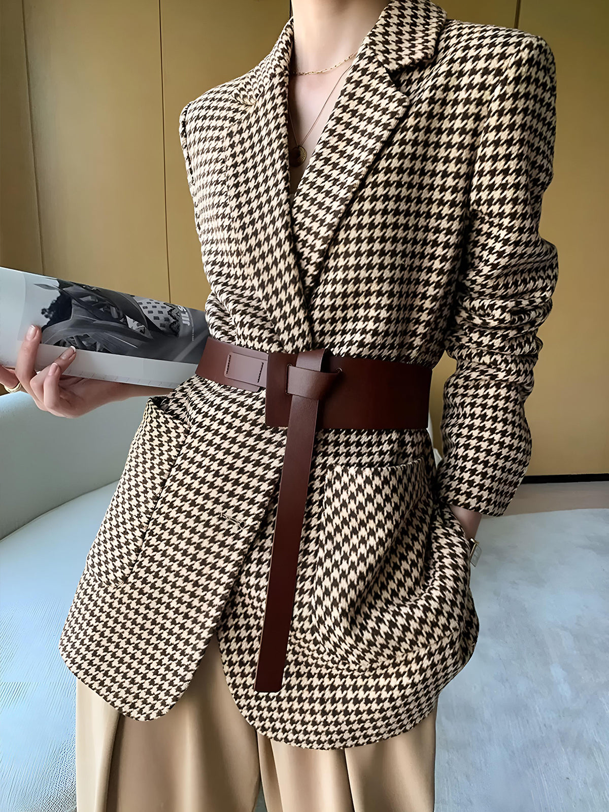 Women's Houndstooth Belted Split-Hem Blazer 0