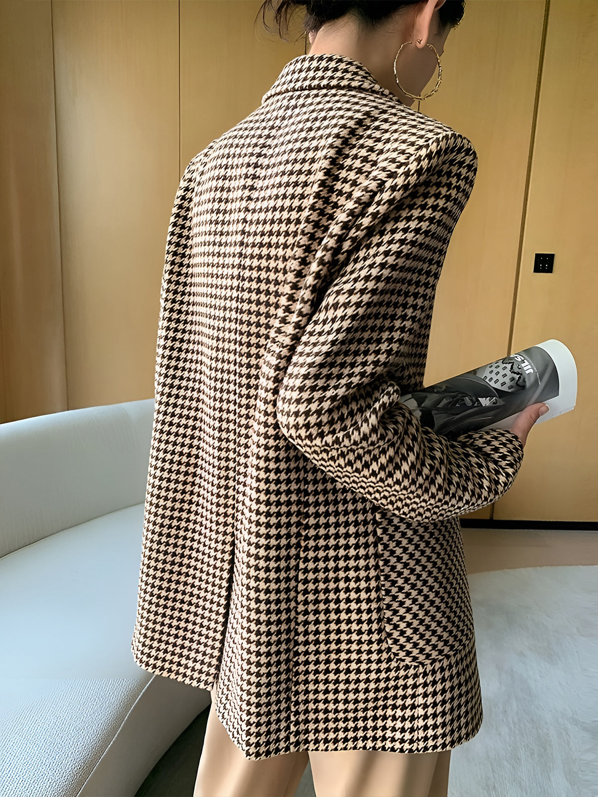 Women's Houndstooth Belted Split-Hem Blazer 2