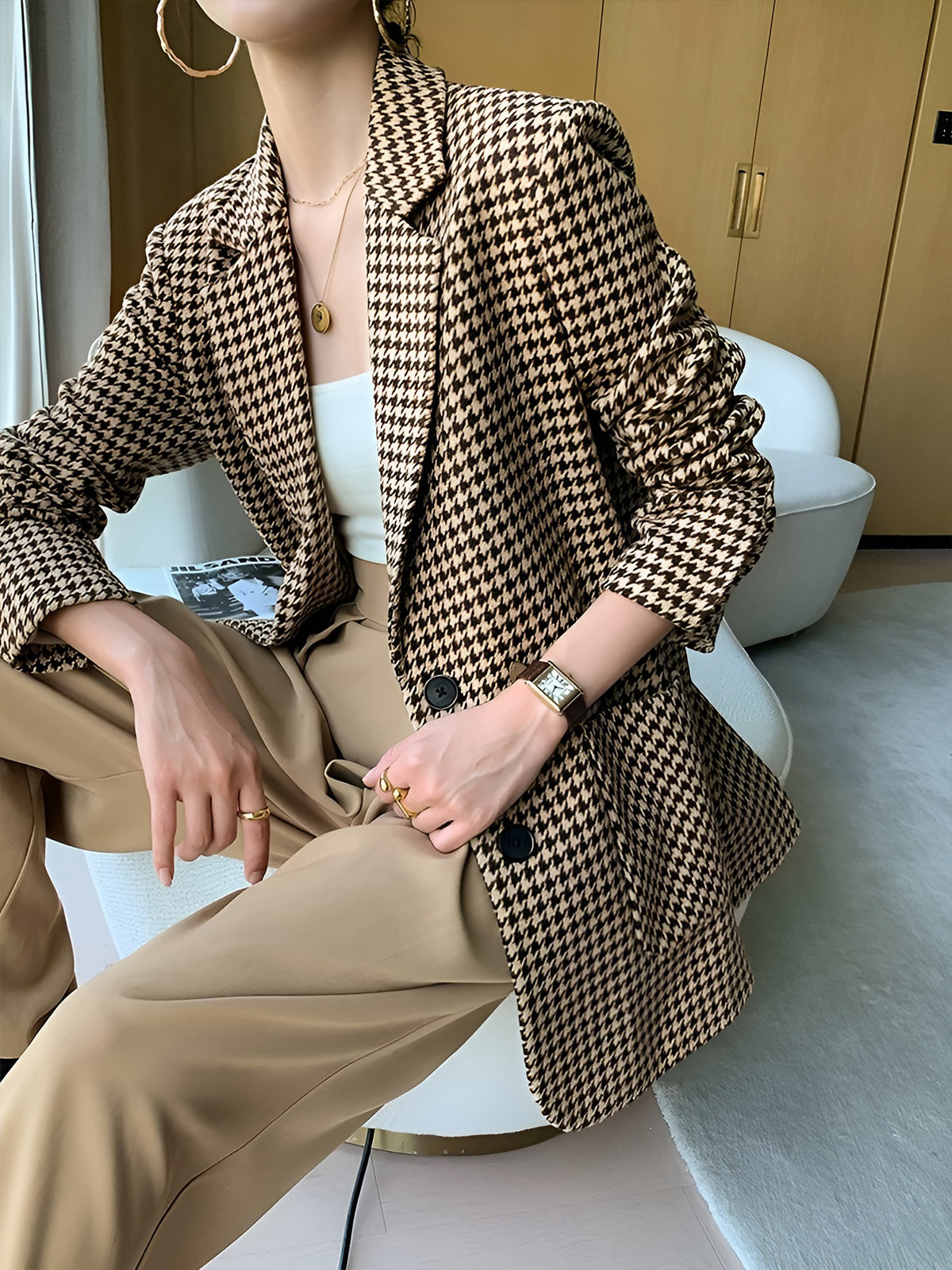 Women's Houndstooth Belted Split-Hem Blazer 4