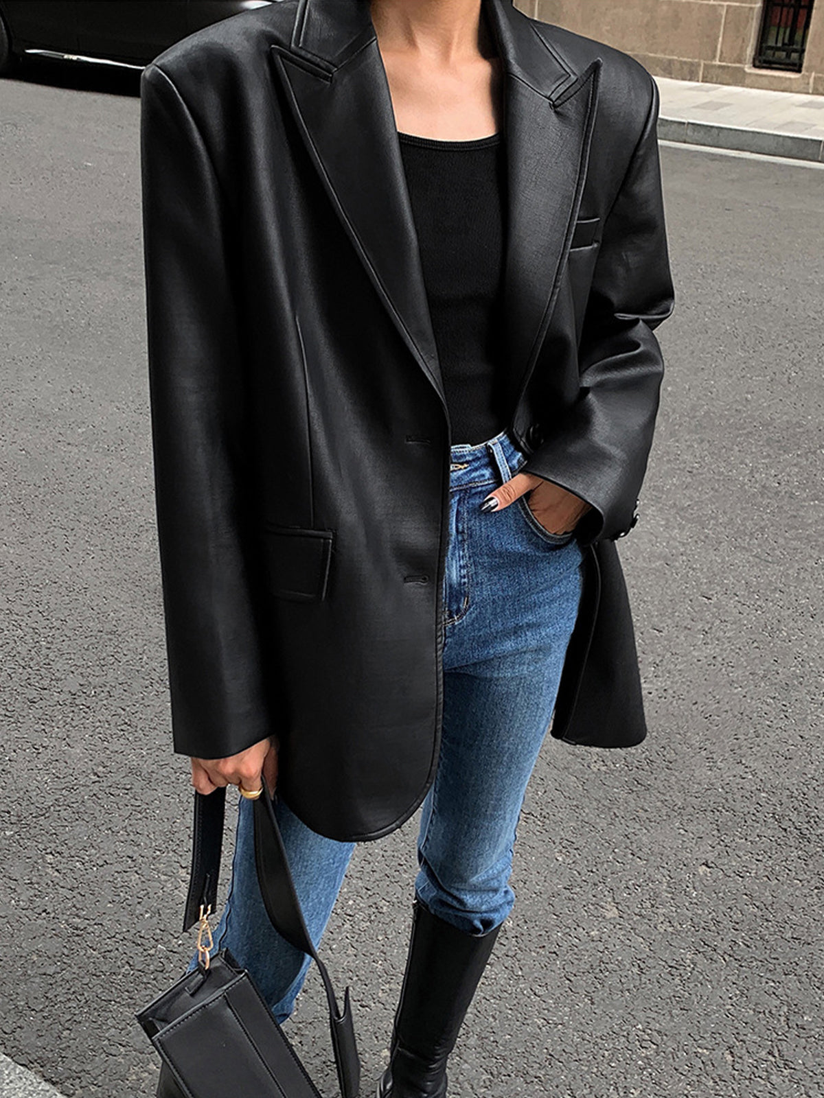 Women's Oversized Faux Leather Blazer with Lapel 2