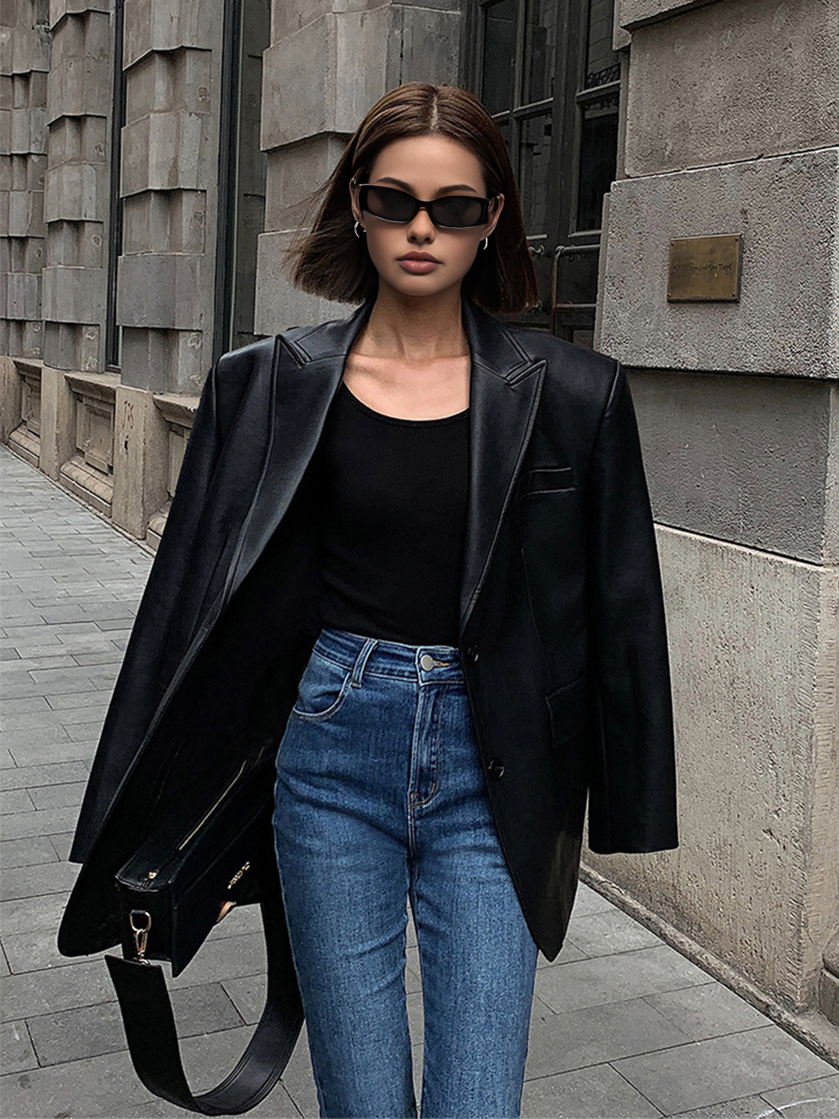 Women's Oversized Faux Leather Blazer with Lapel 3