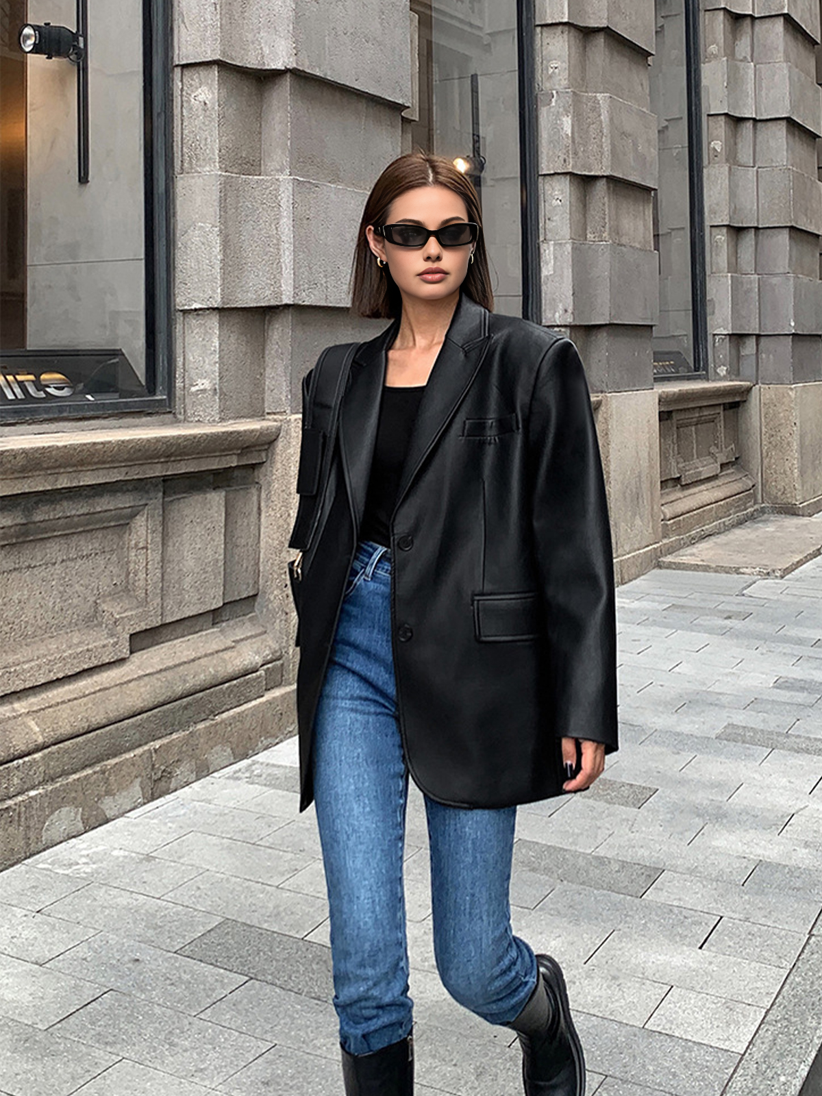 Women's Oversized Faux Leather Blazer with Lapel 5