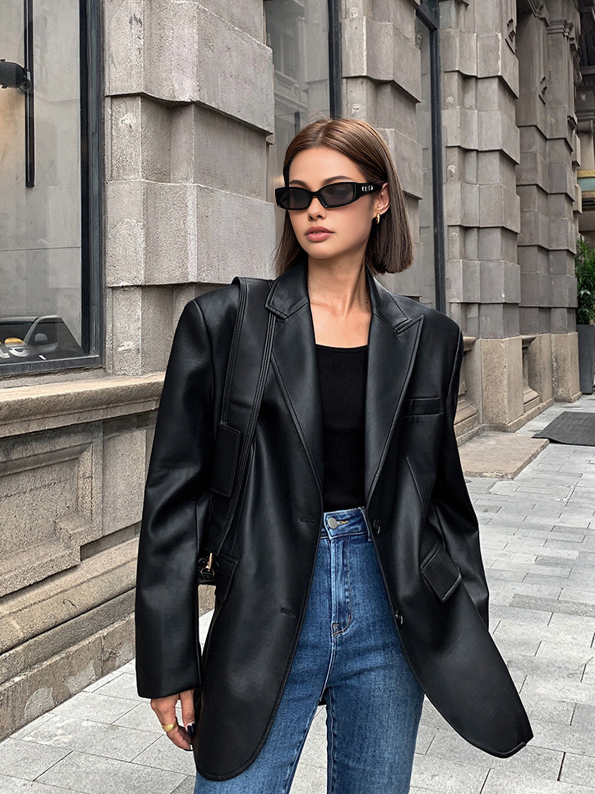 Women's Oversized Faux Leather Blazer with Lapel 6