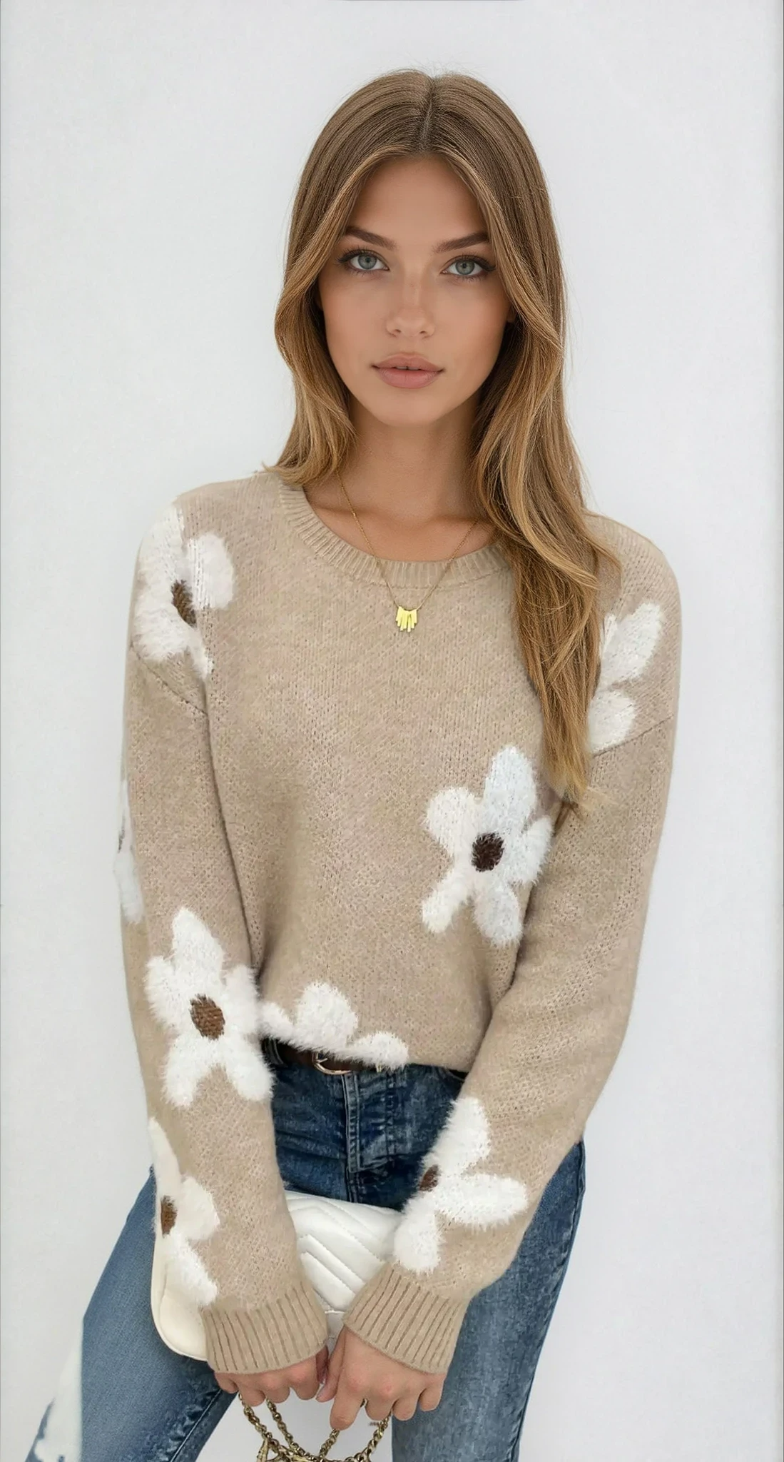 Women's Oversized Floral Knit Sweater - Cozy Round Neck Design, Relaxed Fit, Soft Texture, Everyday Comfort 0