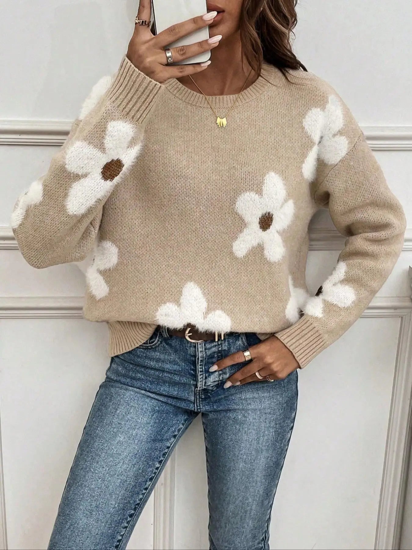 Women's Oversized Floral Knit Sweater - Cozy Round Neck Design, Relaxed Fit, Soft Texture, Everyday Comfort 1