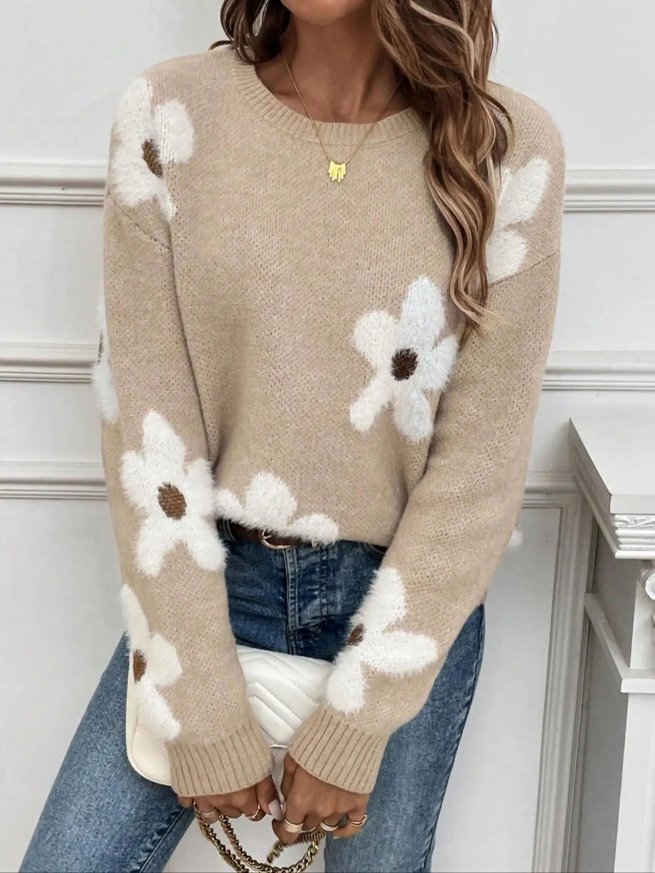 Women's Oversized Floral Knit Sweater - Cozy Round Neck Design, Relaxed Fit, Soft Texture, Everyday Comfort 4