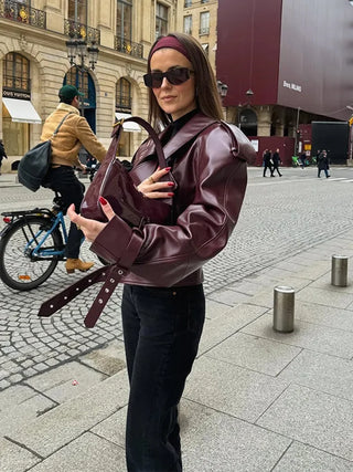 Cherry Red Cropped Leather Jacket