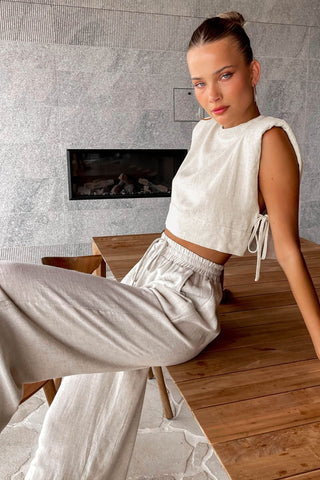 Linen Pajama Set with Lace-Up Crop Top