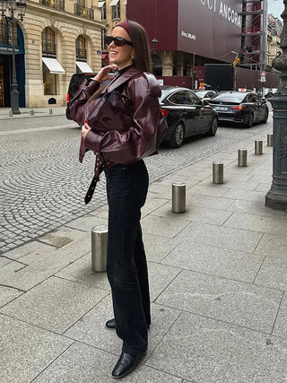 Cherry Red Cropped Leather Jacket